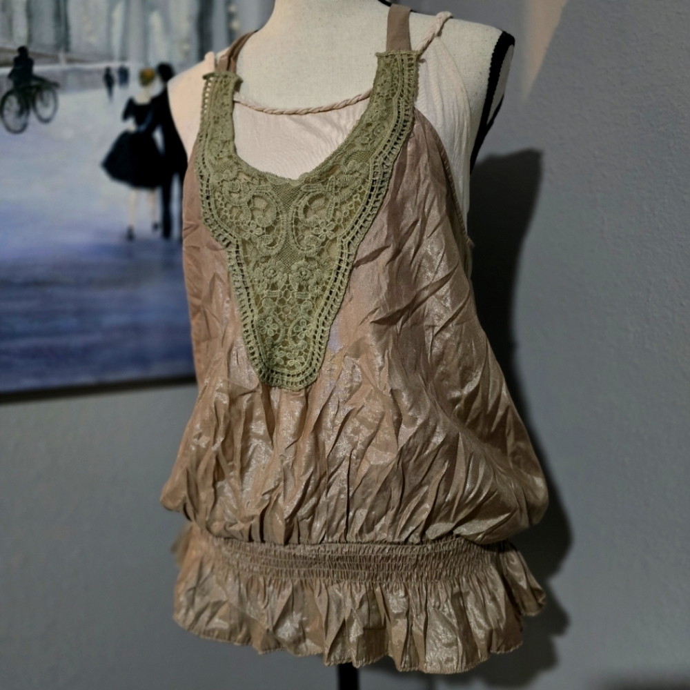 Papaya Boho Olive and Tan Women's Top Fouble Layer Elastic